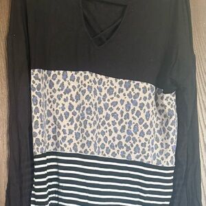 Black Long-Sleeve Mixed Print Top with Blue Leopard and Stripes